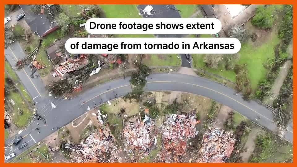 Drone footage shows damage from Arkansas tornado
