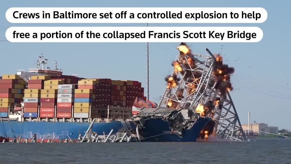 Collapsed Baltimore bridge blasted into pieces in effort to clear