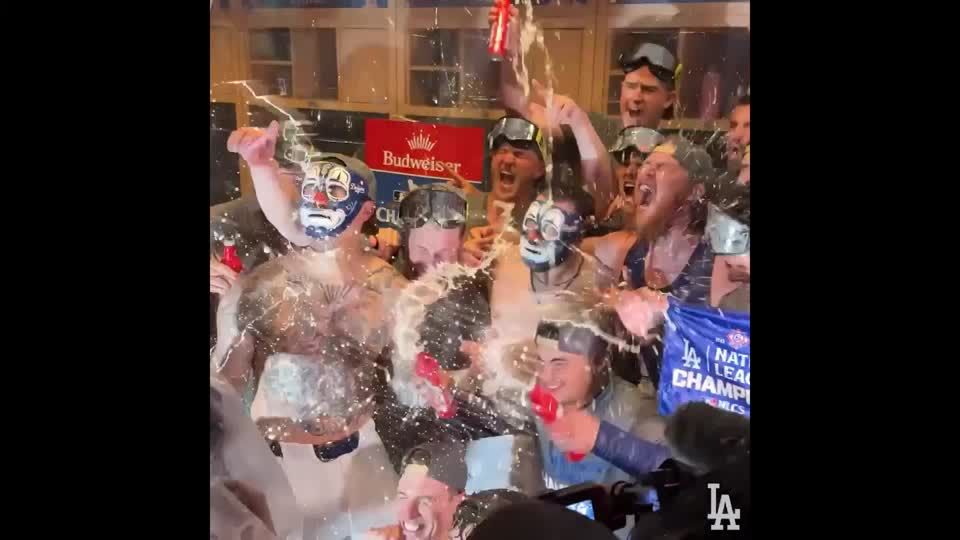 Dodgers locker room explodes in champagne celebrations