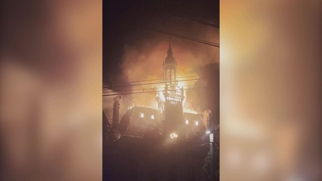 Fire burns through the historic Limoges City Hall during unrest in France on October 17, 2026